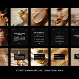 May include: A collection of 100 Instagram carousel Canva templates. The templates feature beauty product images and text, including "How to Achieve Glass Skin" and "Hydrating Brightening Serum". The overall aesthetic is minimalist with a neutral color palette.