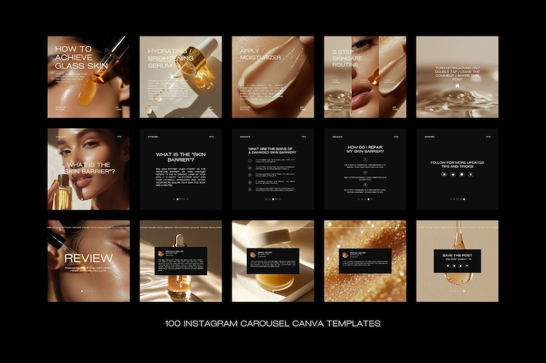 May include: A collection of 100 Instagram carousel Canva templates. The templates feature beauty product images and text, including "How to Achieve Glass Skin" and "Hydrating Brightening Serum". The overall aesthetic is minimalist with a neutral color palette.