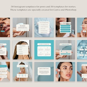May include: A set of 50 Instagram templates for posts and 50 templates for stories, created for Canva and Photoshop. The templates feature a blue and white colour scheme and focus on skincare. Some templates include text such as "Improves Quality of Skin", "Skincare Habits", and "Client Review".