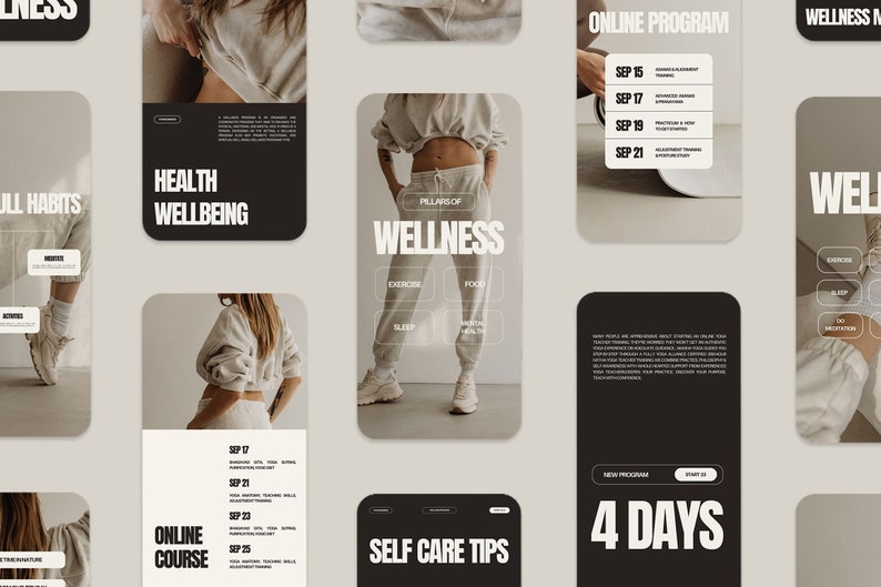 May include: A series of phone screen mockups promoting an online wellness program. The mockups feature images of a person wearing athletic clothing, text about the program, and a schedule of events. The text includes the words "Pillars of Wellness", "Health Wellbeing", "Online Course", "Self Care Tips", "Online Program", and "4 Days".