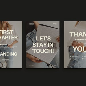 May include: Three social media post designs with a white background and text in a sans-serif font. The first post features a person wearing a white shirt and blue jeans with the text "FIRST CHAPTER" and "BRANDING". The second post features a hand holding a book with the text "LET'S STAY IN TOUCH!". The third post features a person wearing a white shirt and blue jeans with the text "THANK YOU! YOU'RE AWESOME!"
