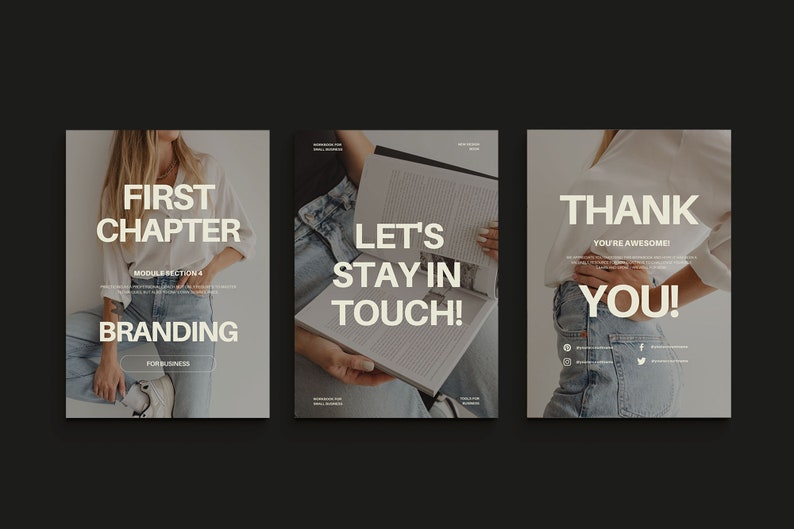 May include: Three social media post designs with a white background and text in a sans-serif font. The first post features a person wearing a white shirt and blue jeans with the text "FIRST CHAPTER" and "BRANDING". The second post features a hand holding a book with the text "LET'S STAY IN TOUCH!". The third post features a person wearing a white shirt and blue jeans with the text "THANK YOU! YOU'RE AWESOME!"