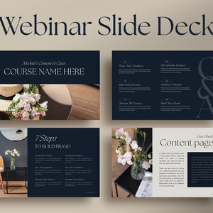 May include: A webinar slide deck with a dark blue background and white text. The slides feature a floral theme with images of flowers and a hat. The text on the slides includes the title "Webinar Slide Deck", "Course Name Here", "7 Steps to Build Brand", and "Content Pages".
