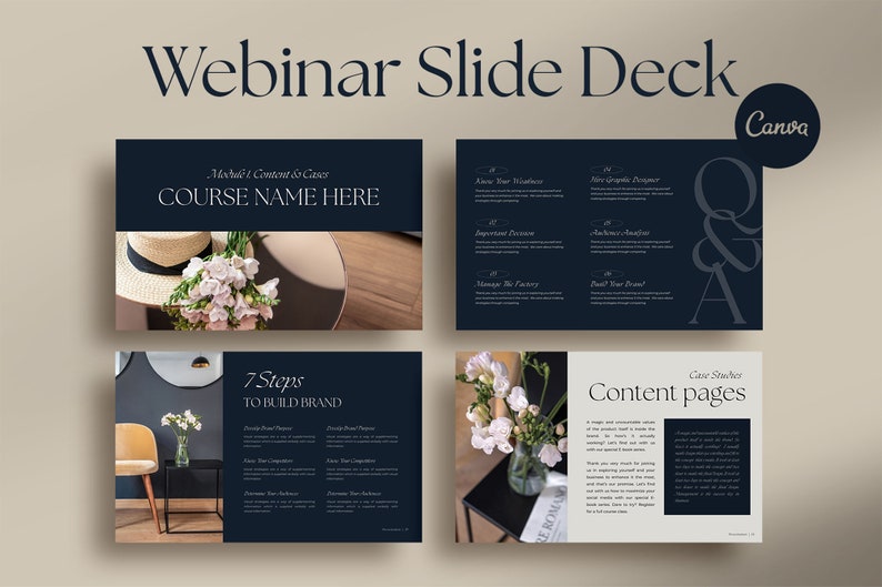 Pode incluir: Um baralho de slides de webinar com fundo azul escuro e texto branco. Os slides apresentam um tema floral com imagens de flores e um chap&eacute;u. O texto nos slides inclui o t&iacute;tulo "Webinar Slide Deck", "Nome do curso aqui", "7 passos para construir uma marca" e "P&aacute;ginas de conte&uacute;do".