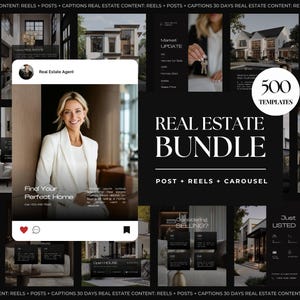 May include: A digital marketing bundle for real estate featuring 500 templates for posts, reels, and carousels. The collection includes various layouts with black and white color schemes, showcasing property images, agent profiles, and text overlays.