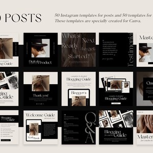 May include: A collection of 50 Instagram post templates and 50 story templates for Canva. The templates feature a black and white color scheme with a minimalist design. The text includes phrases like "Blogging Guide", "MasterClass", "Welcome Guide", and "What's Next Ready to get Started?"