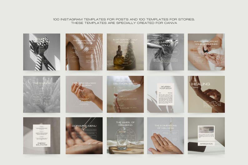 May include: A collection of 100 Instagram templates for posts and 100 templates for stories. The templates are specially created for Canva. The templates feature a neutral color palette with images and text.