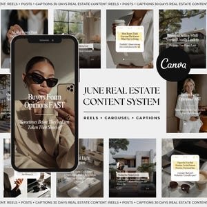 May include: A digital marketing template set for real estate featuring a smartphone displaying a person in a beige blazer and sunglasses with the text Buyers Form Opinions FAST. The layout includes various social media post previews and the Canva logo.