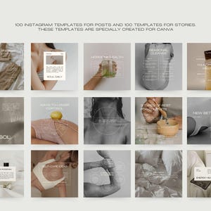 May include: A grid of 15 square images with a neutral color palette. The images feature text overlays and lifestyle photos. Text includes "100 Instagram Templates for Posts and 100 Templates for Stories".