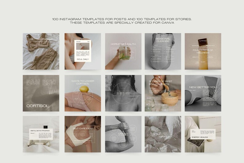 May include: A grid of 15 square images with a neutral color palette. The images feature text overlays and lifestyle photos. Text includes "100 Instagram Templates for Posts and 100 Templates for Stories".