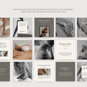 May include: A collection of 100 Instagram post templates and 100 story templates for wellness and lifestyle content. The templates are designed for use with Canva and feature a minimalist aesthetic with black and white photography and simple typography.