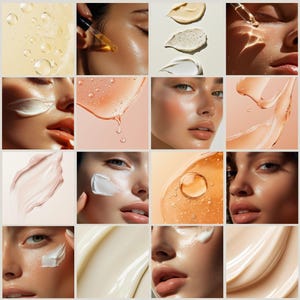 Puede incluir: Un collage de im&aacute;genes que muestran diferentes productos para el cuidado de la piel, incluidos sueros, cremas y aceites. Las im&aacute;genes presentan primeros planos de rostros con piel radiante, as&iacute; como texturas de productos y gotas de l&iacute;quido.