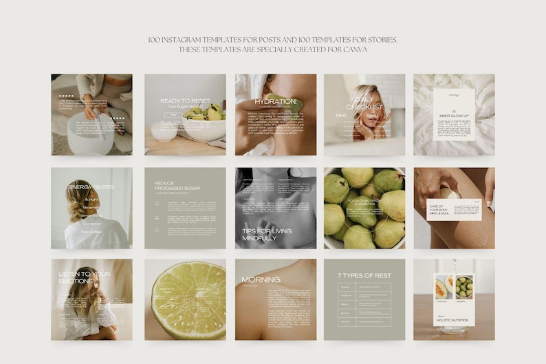 Puede incluir: Un conjunto de plantillas de Instagram para publicaciones e historias. Las plantillas presentan una paleta de colores neutros con im&aacute;genes de frutas, cuidado de la piel y contenido de estilo de vida. Las superposiciones de texto incluyen frases como "Ready to Rest" y "Tips for Living Mindfully."
