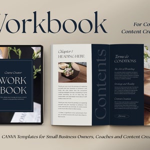 Może przedstawiać: Szablon cyfrowego zeszytu ćwiczeń dla coachów i twórców treści. Okładka ma ciemnoniebieskie tło z tekstem "Course Creator Workbook" w kolorze białym. Szablon jest przeznaczony do użycia z Canva.