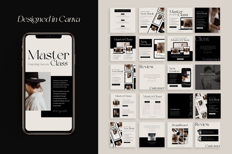 May include: A collection of 16 social media post templates in black and white with a minimalist design. The templates feature text such as "Master Class", "New Book", "Review", "Client Testimonials", "Brand Board", and "Giveaway".