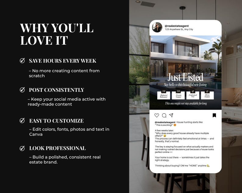 May include: A digital marketing template for real estate featuring a black sidebar with white text titled WHY YOU'LL LOVE IT, listing benefits like saving time and customization. Next to it is a social media post preview showing a modern house.