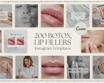 May include: A collage of Instagram templates for promoting Botox and lip filler services. The templates feature images of lips, faces, and hands, along with text about the benefits of these treatments. The text includes phrases like "Lip Fillers", "Plump It Up", "Anti-Aging with Botox", and "Meet Your Injector".