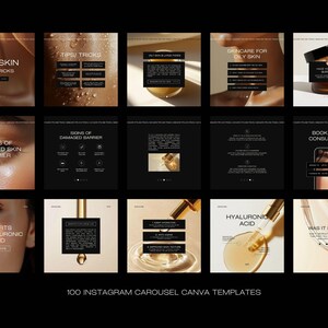 May include: A collection of 100 Instagram carousel Canva templates with a skincare theme. The templates feature images of skin, skincare products, and text overlays with information about oily skin, damaged skin barrier, and hyaluronic acid.