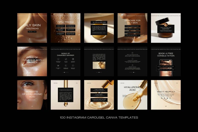 May include: A collection of 100 Instagram carousel Canva templates with a skincare theme. The templates feature images of skin, skincare products, and text overlays with information about oily skin, damaged skin barrier, and hyaluronic acid.