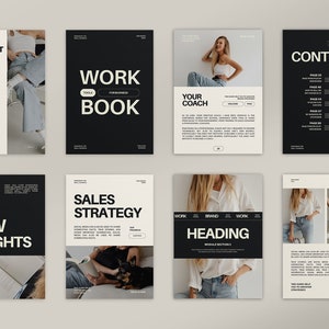 May include: A black and white workbook with the title "WORK BOOK" and the text "YOUR COACH" on the cover. The workbook is open to a page with the heading "SALES STRATEGY".