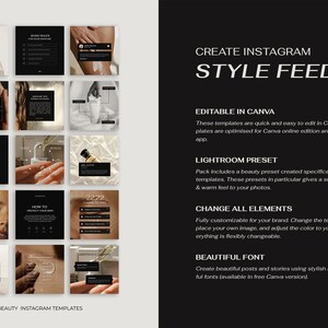 May include: Nine black and white Instagram post templates for a beauty brand. The templates feature product images, text, and graphics. The text includes "How to create a skincare routine", "How to protect your hair", and "Basic rules for skincare".