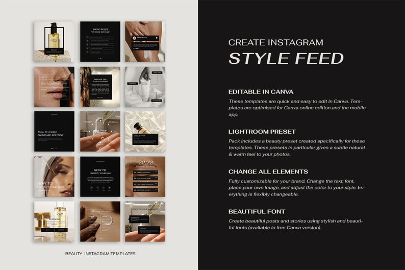 May include: Nine black and white Instagram post templates for a beauty brand. The templates feature product images, text, and graphics. The text includes "How to create a skincare routine", "How to protect your hair", and "Basic rules for skincare".