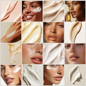 Puede incluir: Un collage de im&aacute;genes que muestran varios productos para el cuidado de la piel, incluyendo cremas, sueros y aceites. Las im&aacute;genes muestran primeros planos de los productos que se aplican a la piel, as&iacute; como tomas abstractas de las texturas y consistencias de los productos.