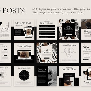 May include: A set of 50 Instagram post and story templates for coaches. The templates feature a black and white color scheme with a minimalist design. The templates include a variety of layouts, such as key features, lead magnets, masterclasses, and more.