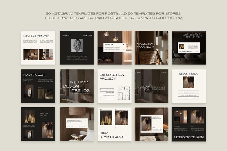 May include: A collection of Instagram templates for posts and stories, designed for Canva and Photoshop. The templates feature a minimalist aesthetic with neutral tones and text overlays. The image includes text such as "Stylish Decor" and "Interior Design Trends".