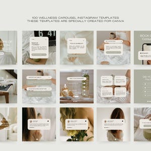 May include: A set of 15 Instagram templates with a wellness theme. The templates use soft, neutral colours and include text overlays with phrases like "3 Steps of Meditation" and "Book Online Consultation". The templates are designed for use in Canva.