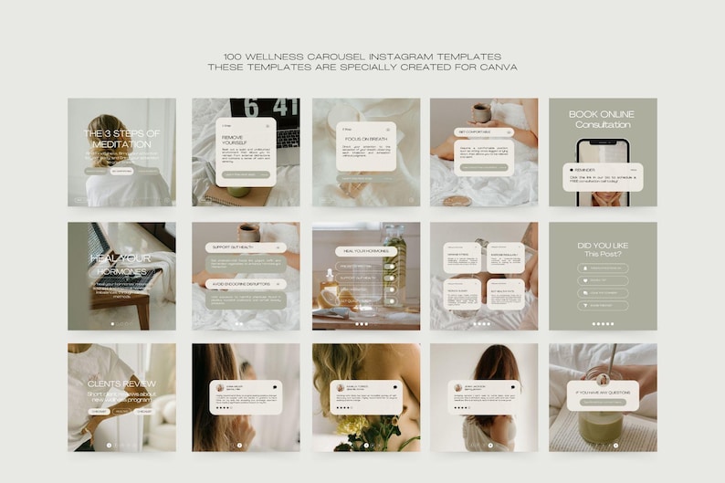 May include: A set of 15 Instagram templates with a wellness theme. The templates use soft, neutral colours and include text overlays with phrases like "3 Steps of Meditation" and "Book Online Consultation". The templates are designed for use in Canva.