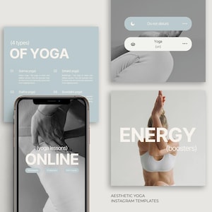 以下が含まれることがあります： オンラインヨガクラス用のInstagramストーリーテンプレート4つ。最初のテンプレートは、薄い青色の背景に「(4 types) OF YOGA」というテキストと、4種類のヨガのリストが書かれています。2番目のテンプレートは、グレーの背景に「Yoga (00)」と書かれた白い検索バーがあります。3番目のテンプレートは、白い背景に白いスポーツブラを着た女性がヨガのポーズをとっています。「ENERGY (boosters)」というテキストがテンプレートに白で書かれています。4番目のテンプレートは、スマートフォン画面にヨガのポーズをとる女性の白黒写真です。「(yoga lessons) ONLINE」というテキストが画面に白で書かれています。「AESTHETIC YOGA INSTAGRAM TEMPLATES」というテキストが画像の下部に書かれています。