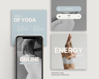 Aesthetic Yoga Templates for Instagram, Canva Templates Yoga, Instagram Templates Yoga, Yoga Instagram Grid Template, Yoga Instagram Post