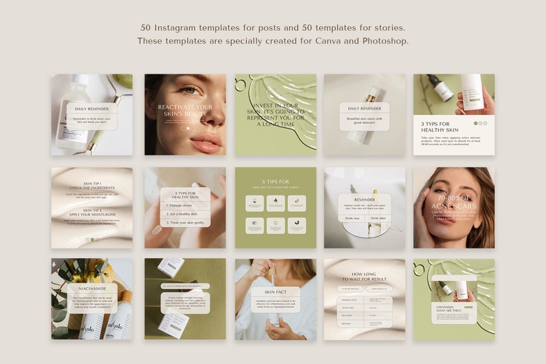 Modèles Instagram beauté pour Canva Photoshop Modèle de soins de la peau beige vert Photoshop Modèle Instagram beauté post Instagram soins de la peau naturels image 2