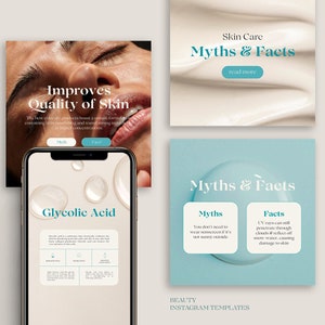 May include: Three Instagram story templates for a beauty brand. The first template features a close-up of a person's eye with the text "Improves Quality of Skin". The second template features a white cream with the text "Skin Care Myths & Facts". The third template features a blue background with a large white circle and the text "Myths & Facts".