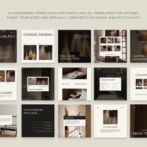 May include: A collection of Instagram templates for posts and stories. The templates are designed for Canva and Photoshop. The squares feature design themes such as Nordic Design, Stylish Lamps, and New Trends. The text includes "Design Buro" and "Fall 2024 Collection."