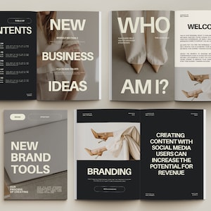 May include: A magazine spread with a black and white color scheme. The pages feature text about new business ideas, branding, and creating content with social media. The text is in a bold, sans-serif font. The pages also feature images of a woman wearing white pants and heels.