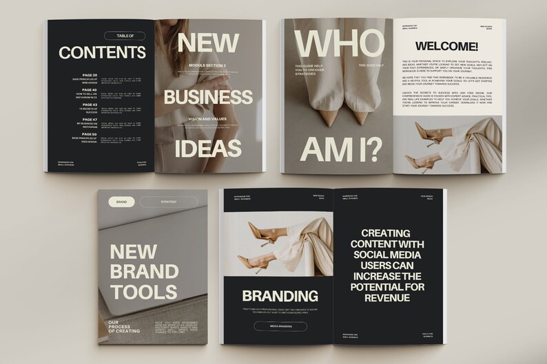 May include: A magazine spread with a black and white color scheme. The pages feature text about new business ideas, branding, and creating content with social media. The text is in a bold, sans-serif font. The pages also feature images of a woman wearing white pants and heels.