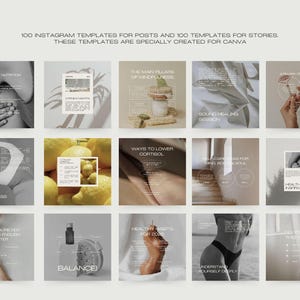 May include: A collection of 100 Instagram templates for posts and stories. The templates are specially created for Canva. The image features a grid of square images with text overlays and grayscale photography.