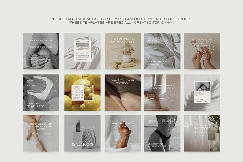May include: A collection of 100 Instagram templates for posts and stories. The templates are specially created for Canva. The image features a grid of square images with text overlays and grayscale photography.