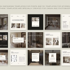 May include: A collection of Instagram templates for posts and stories, designed for Canva and Photoshop. The templates feature interior design themes, including home decor, accessories, and new design projects. Each square template has a neutral color palette.