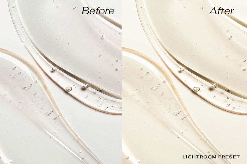 May include: Before and after image showing the effect of a Lightroom preset on a close-up of a clear gel with small bubbles. The text "LIGHTROOM PRESET" is visible at the bottom of the image.