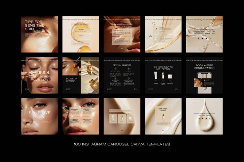 May include: A collection of 100 Instagram carousel Canva templates. The templates feature images of skincare products and close-ups of faces. Text includes "Tips for Sensitive Skin" and "Retinol Benefits for Your Skin."