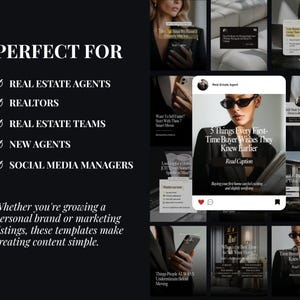 May include: A digital marketing template set for real estate professionals featuring a black background with white text. The layout includes a list of target users, descriptive copy, and a grid of social media post mockups displaying professional photography.