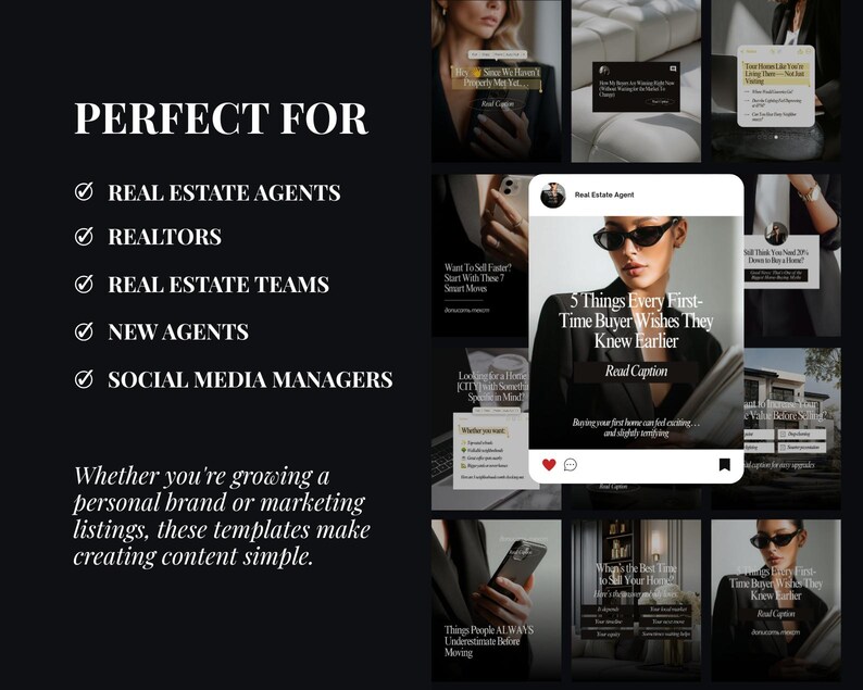 May include: A digital marketing template set for real estate professionals featuring a black background with white text. The layout includes a list of target users, descriptive copy, and a grid of social media post mockups displaying professional photography.