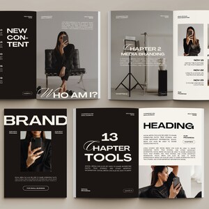 Pu&ograve; includere: Un mockup di rivista in bianco e nero con il testo "NEW CONTENT", "WHO AM I?", "CHAPTER 2 MEDIA BRANDING", "BRAND", "13 CHAPTER TOOLS" e "HEADING".