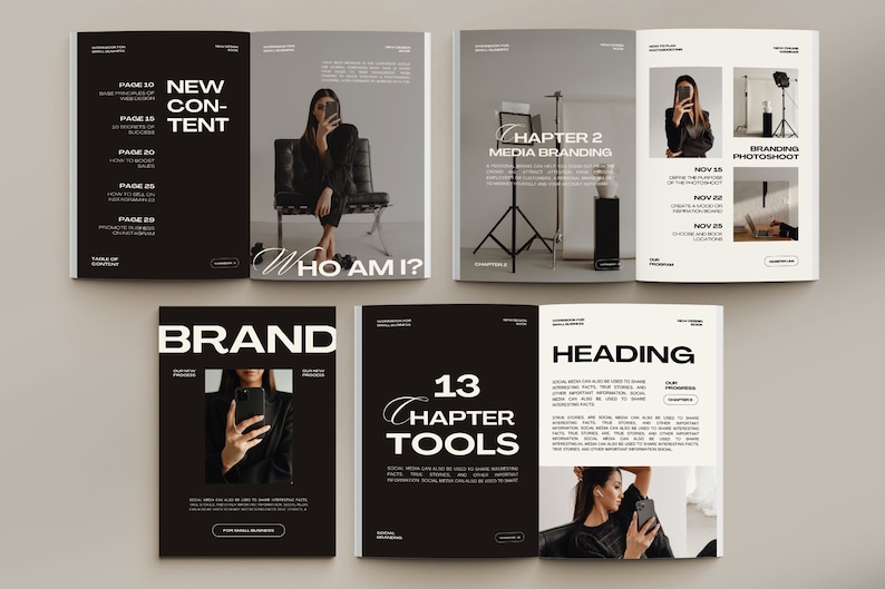 Pu&ograve; includere: Un mockup di rivista in bianco e nero con il testo "NEW CONTENT", "WHO AM I?", "CHAPTER 2 MEDIA BRANDING", "BRAND", "13 CHAPTER TOOLS" e "HEADING".