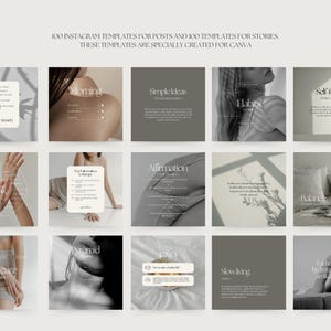 May include: A set of 200 Instagram templates for posts and stories, designed for Canva. The templates feature a minimalist aesthetic with a neutral color palette of white, gray, and beige. The text on the templates includes phrases like "Simple Ideas", "Self Focus", "Habits", "Affirmation", "Balance", and "Slowing Down".