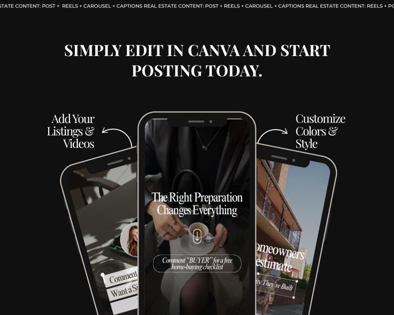 May include: Three smartphone screens displaying social media templates with text overlays. The top text reads SIMPLY EDIT IN CANVA AND START POSTING TODAY. The screens show real estate content with phrases like The Right Preparation Changes Everything.