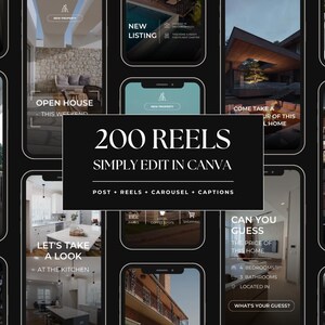May include: A digital collection of 200 social media reel templates displayed on smartphone screens. The central black rectangular graphic features white text reading 200 REELS SIMPLY EDIT IN CANVA POST + REELS + CAROUSEL + CAPTIONS.